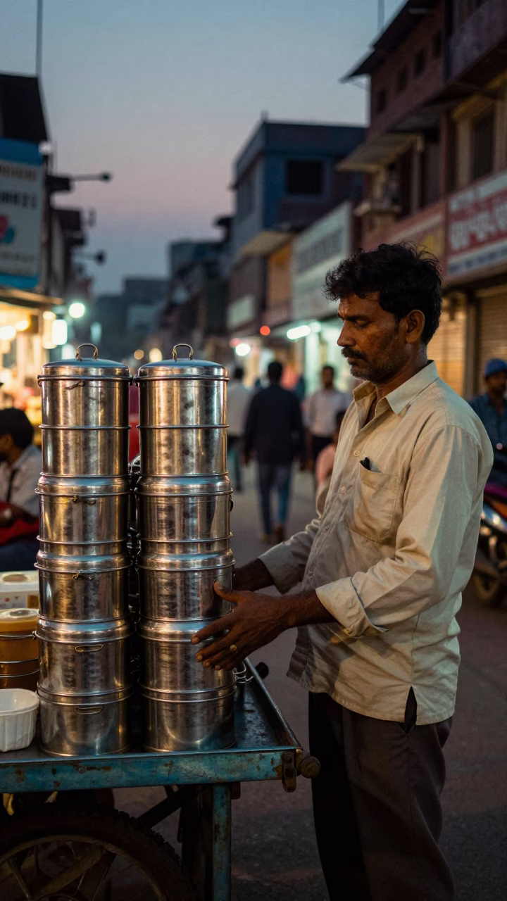 Twilight Street Scene in Delhi India with Tiffin Tin and Warm Churros in in Delhi, India