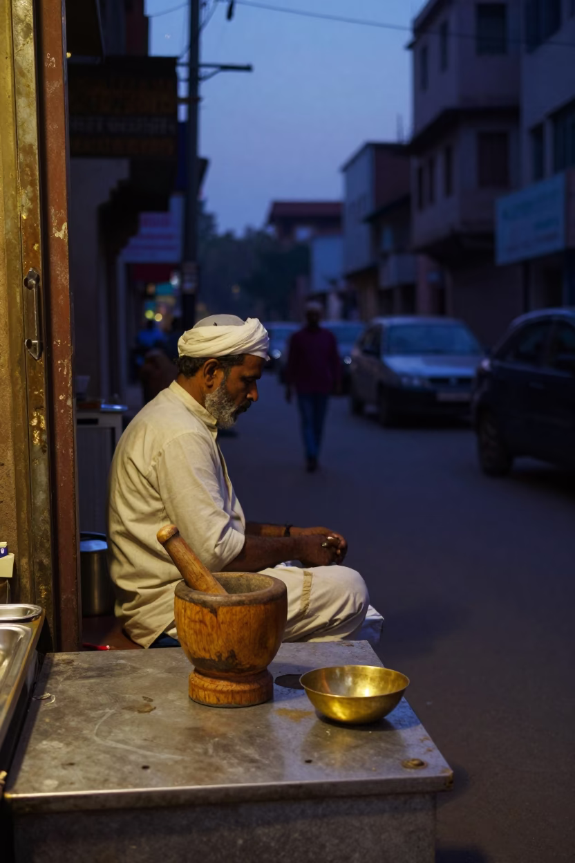 Twilight Street Scene in Delhi India with Vendor and Traditional Kitchen Tools in in Delhi, India