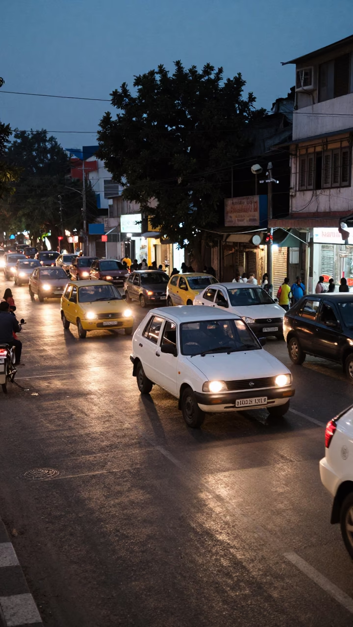 Twilight Street Scene in Delhi India with Vintage Car and Local Vendor in in Delhi, India