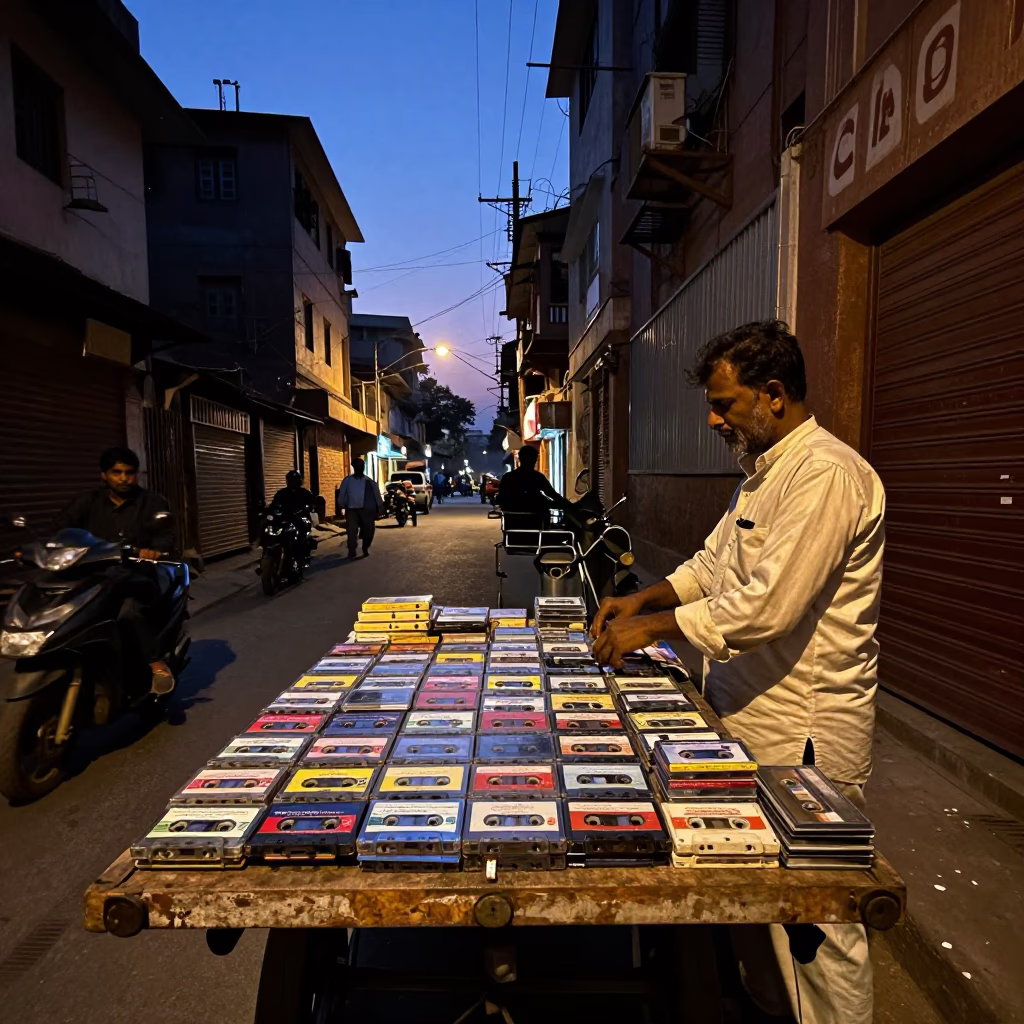 Twilight Street Scene in Delhi India with Vintage Cassette Tapes and Candlestick in in Delhi, India
