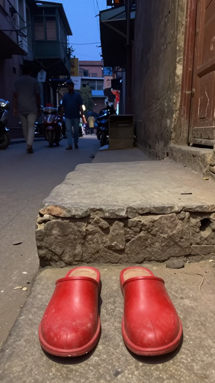 Twilight Street Scene in Delhi With Red Slippers And Enamel Bowls in in Delhi, India
