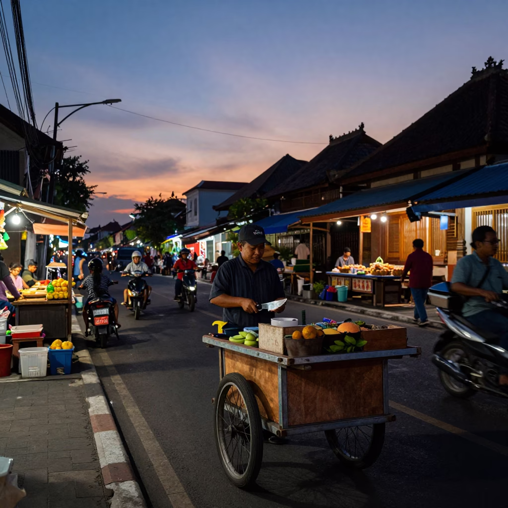 Twilight Street Scene in Denpasar Bali with Fruit Knife and Flowerpot in in Denpasar, Indonesia