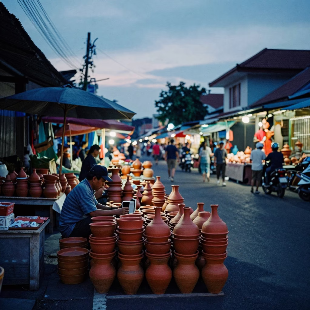 Twilight Street Scene in Denpasar Indonesia Featuring Pottery Market Stacked Wares and Terracotta Pots in in Denpasar, Indonesia