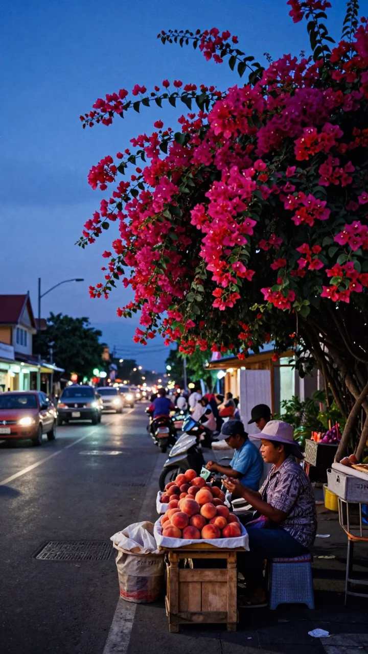 Twilight Street Scene in Denpasar Indonesia with Bougainvillea and Local Life in in Denpasar, Indonesia