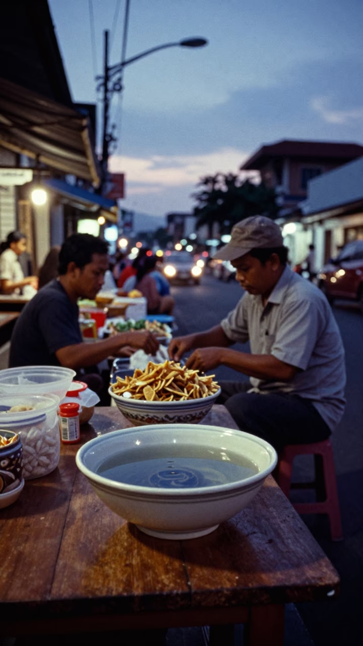 Twilight Street Scene in Denpasar Indonesia with Ceramic Bowl and Water Droplets on Leaves in in Denpasar, Indonesia
