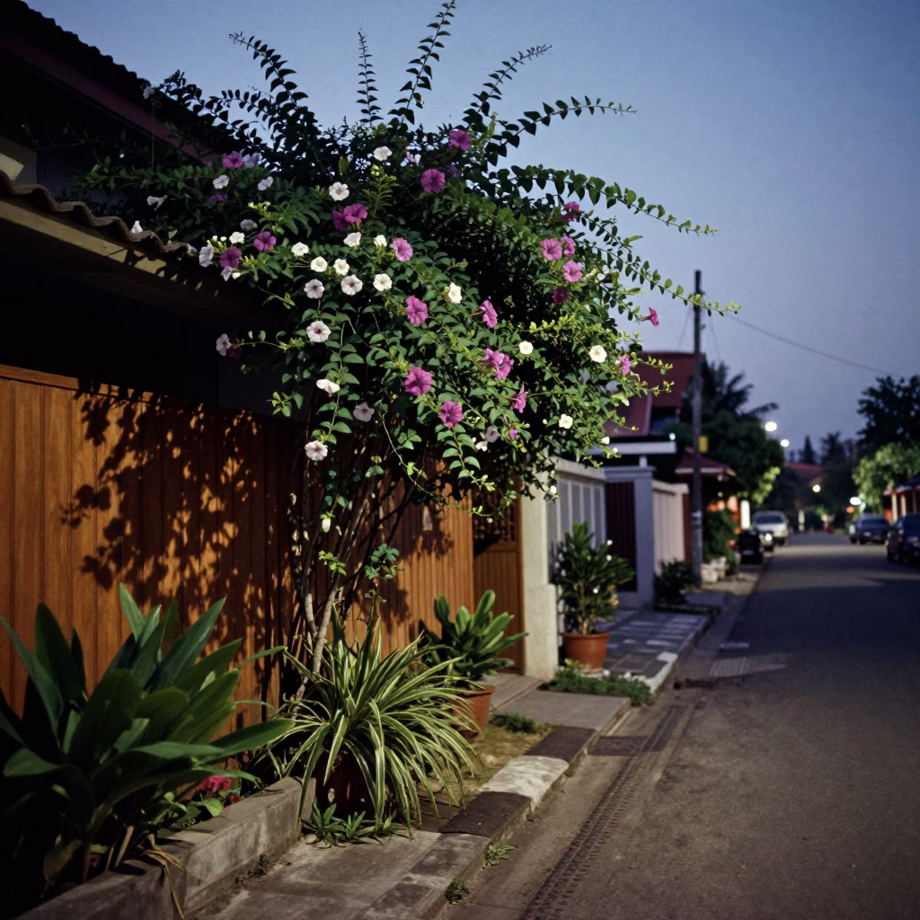 Twilight Street Scene in Denpasar Indonesia with Houseplants and Morning Glory in in Denpasar, Indonesia