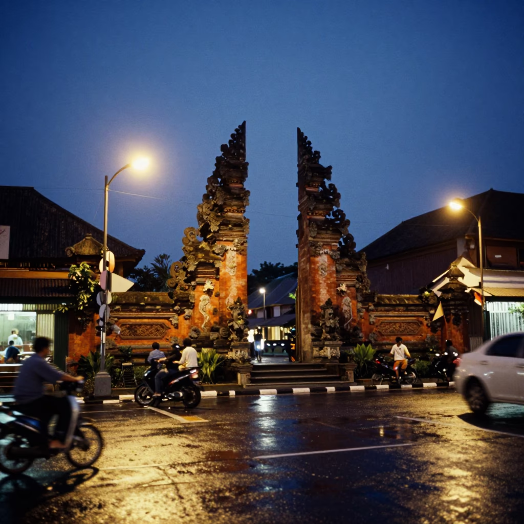 Twilight Street Scene in Denpasar Indonesia with Traditional Balinese Architecture and Local Market Activity in in Denpasar, Indonesia