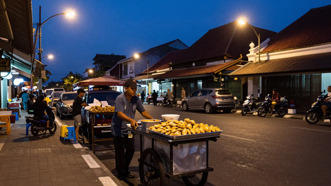 Twilight Street Scene in Denpasar Indonesia with Traditional Food and Urban Life in in Denpasar, Indonesia