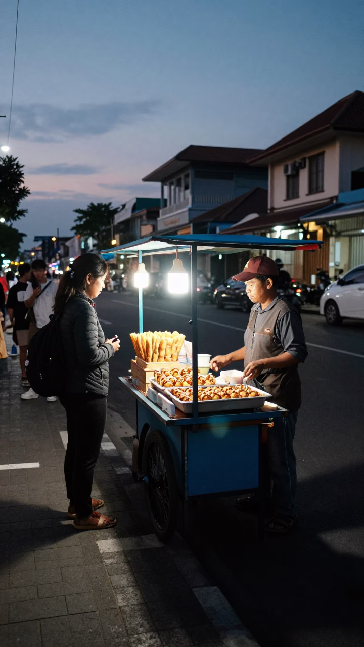 Twilight street scene in Denpasar Indonesia with vendor selling spicy snacks and local traffic in in Denpasar, Indonesia