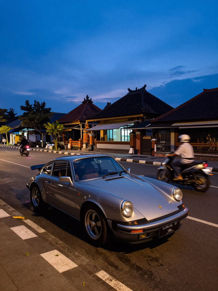 Twilight street scene in Denpasar Indonesia with vintage sports car and local market activity in in Denpasar, Indonesia