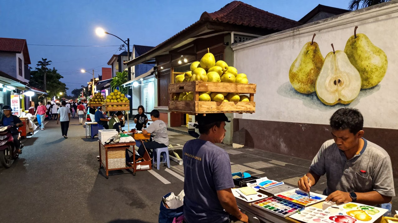 Twilight Street Scene in Denpasar Indonesia with Watercolor Palette and Pears in in Denpasar, Indonesia
