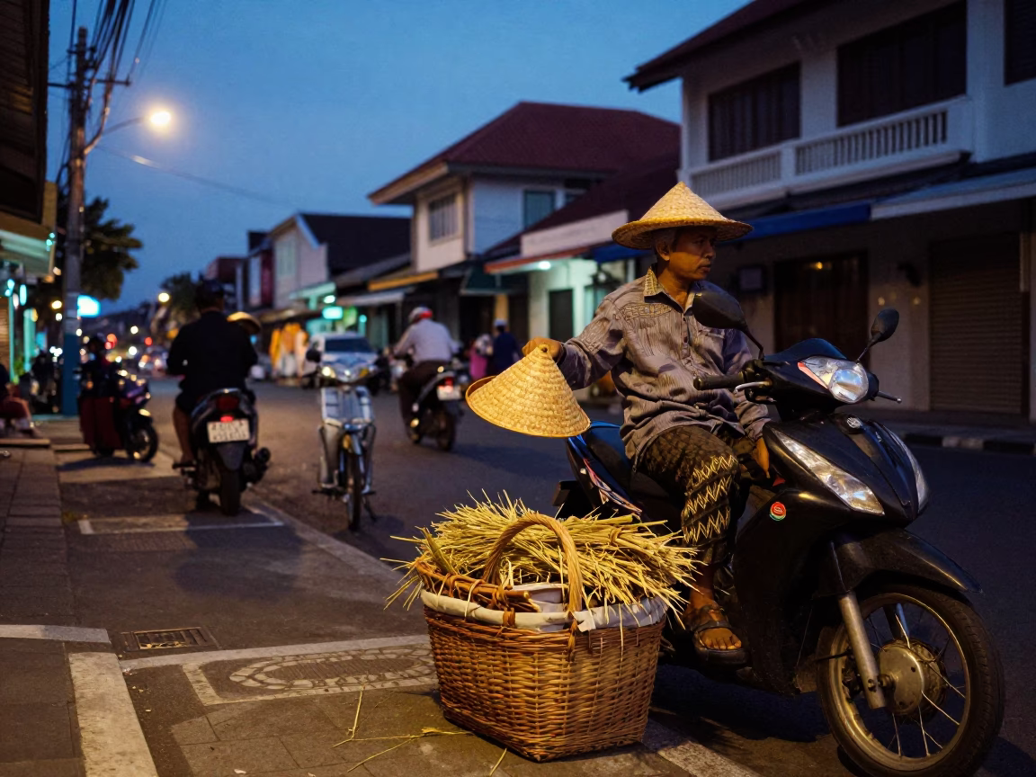 Twilight Street Scene in Denpasar Indonesia with Wicker Basket and Straw Hat in in Denpasar, Indonesia