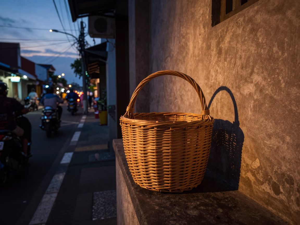 Twilight Street Scene in Denpasar Indonesia with Wicker Basket and Wall Shelf Details in in Denpasar, Indonesia