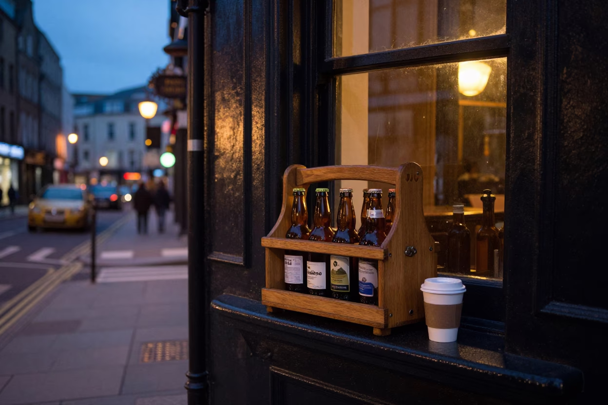 Twilight street scene in Dublin Ireland with bottle caddy and coffee shop ambiance in in Dublin, Ireland