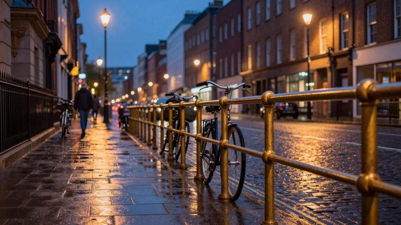 Twilight Street Scene in Dublin Ireland With Brass Rail And Bicycles in in Dublin, Ireland