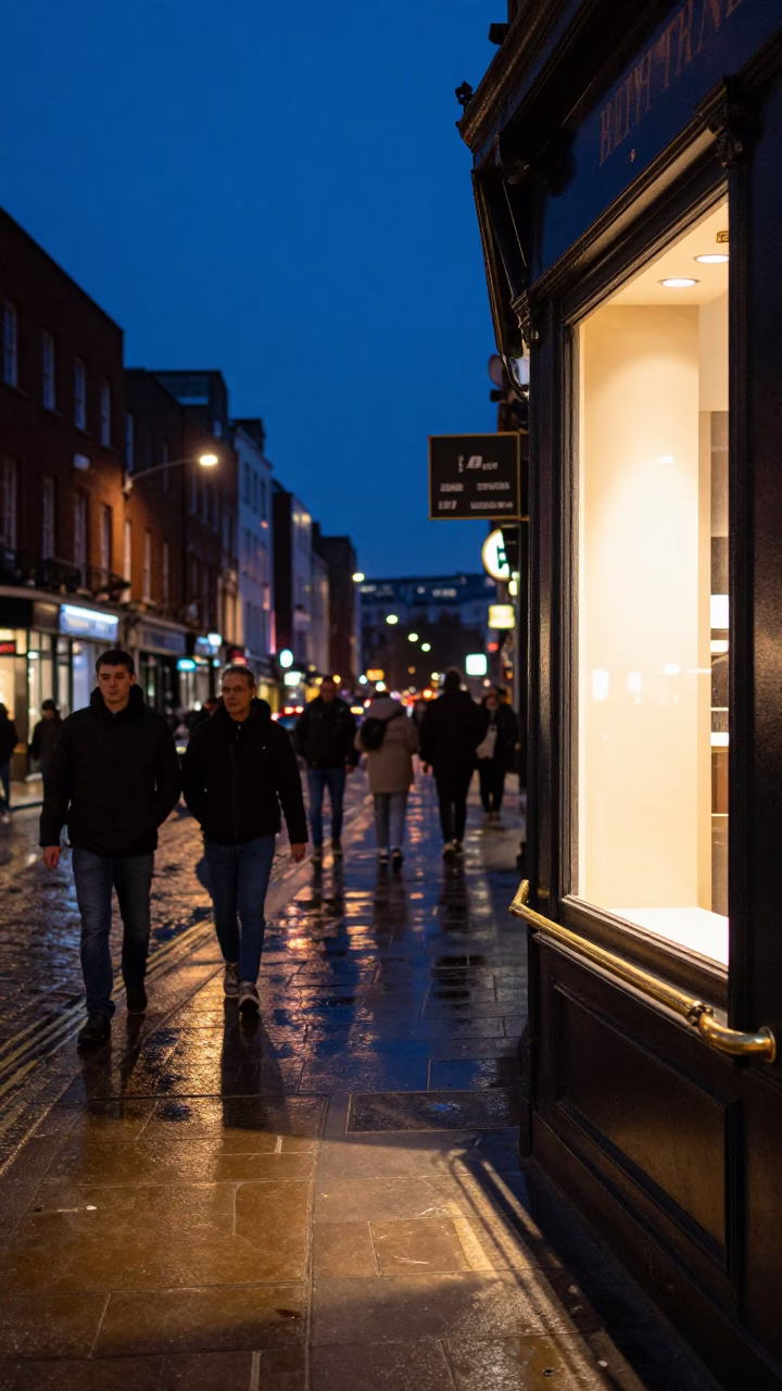 Twilight Street Scene in Dublin Ireland with Brass Railings and Window Light in in Dublin, Ireland