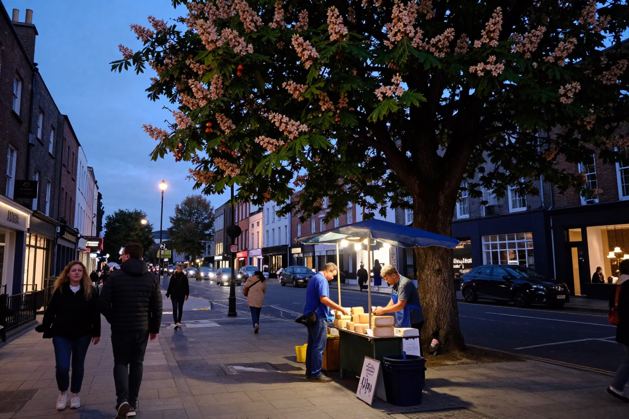 Twilight street scene in Dublin Ireland with chestnut tree and local market activity in in Dublin, Ireland