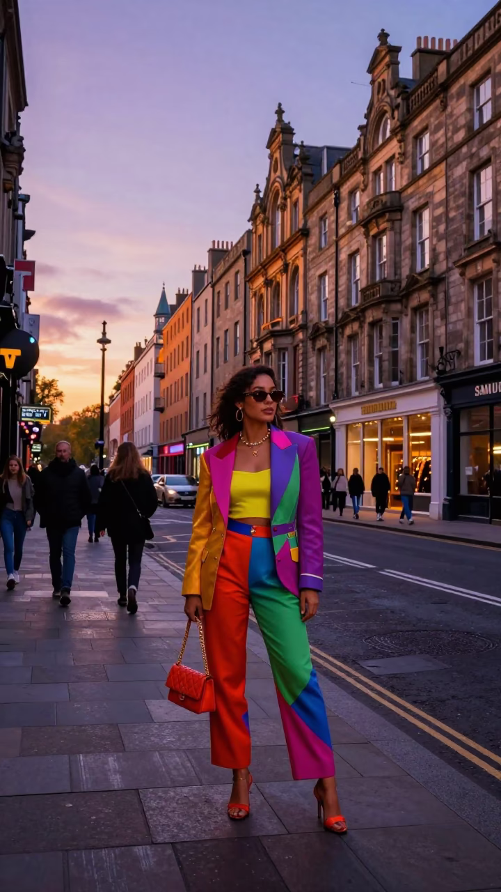 Twilight Street Scene in Dublin Ireland with Colorful Fashion and Urban Life in in Dublin, Ireland