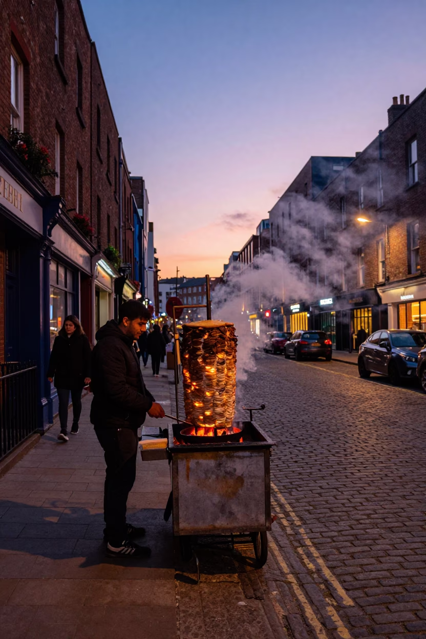 Twilight street scene in Dublin Ireland with kebab grilling and urban life in in Dublin, Ireland