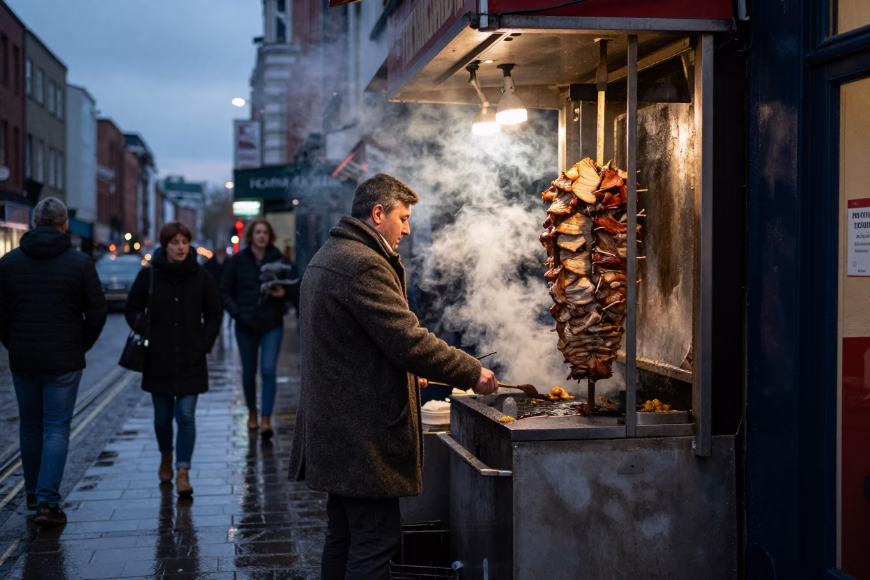 Twilight Street Scene in Dublin Ireland with Kebab Vendor and Wet Cobblestones in in Dublin, Ireland