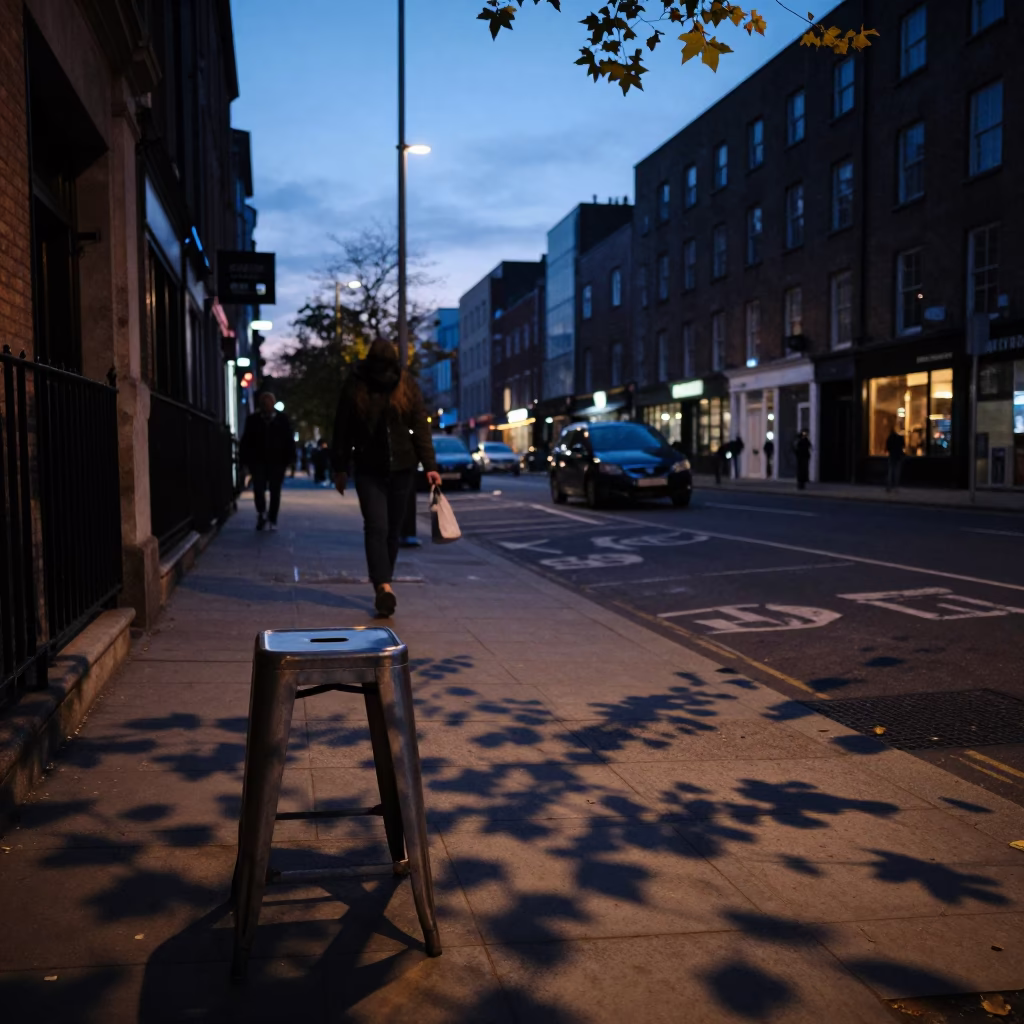 Twilight street scene in Dublin Ireland with leaf shadows and urban details in in Dublin, Ireland