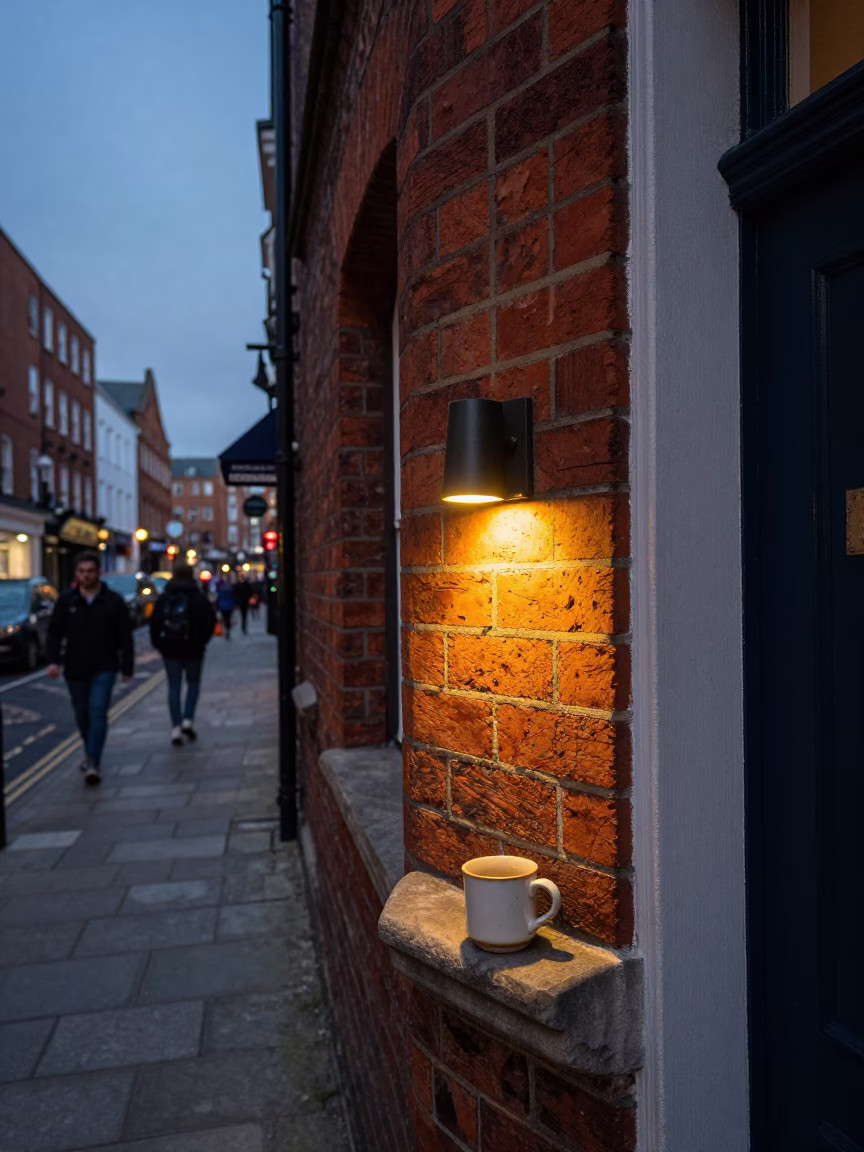 Twilight Street Scene in Dublin Ireland with Mug and Wall Sconce in in Dublin, Ireland