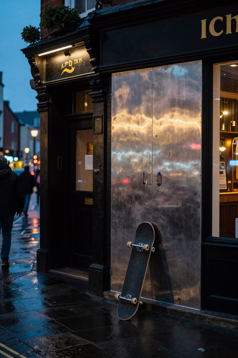 Twilight Street Scene in Dublin Ireland with Skateboard and Brushed Steel Cabinet Door in in Dublin, Ireland
