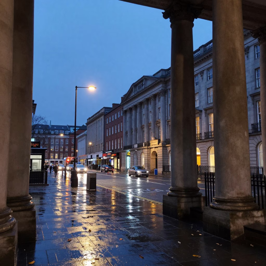 Twilight Street Scene in Dublin Ireland with University Arcade and Wet Leaves in in Dublin, Ireland