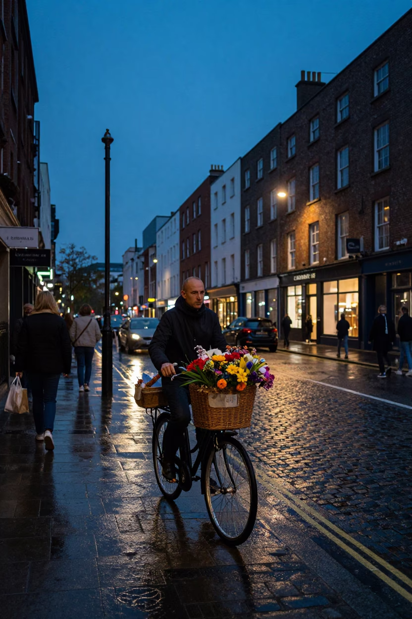 Twilight Street Scene in Dublin Ireland with Vintage Bicycle and Cobblestone Pavement in in Dublin, Ireland