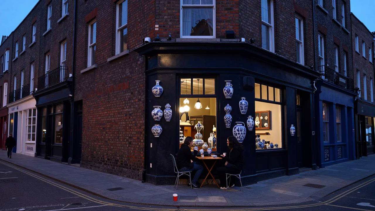 Twilight Street Scene in Dublin Ireland with Vintage Ceramics and Local Charm in in Dublin, Ireland