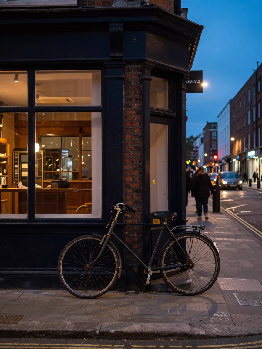 Twilight street scene in Dublin Ireland with vintage shop window and urban details in in Dublin, Ireland