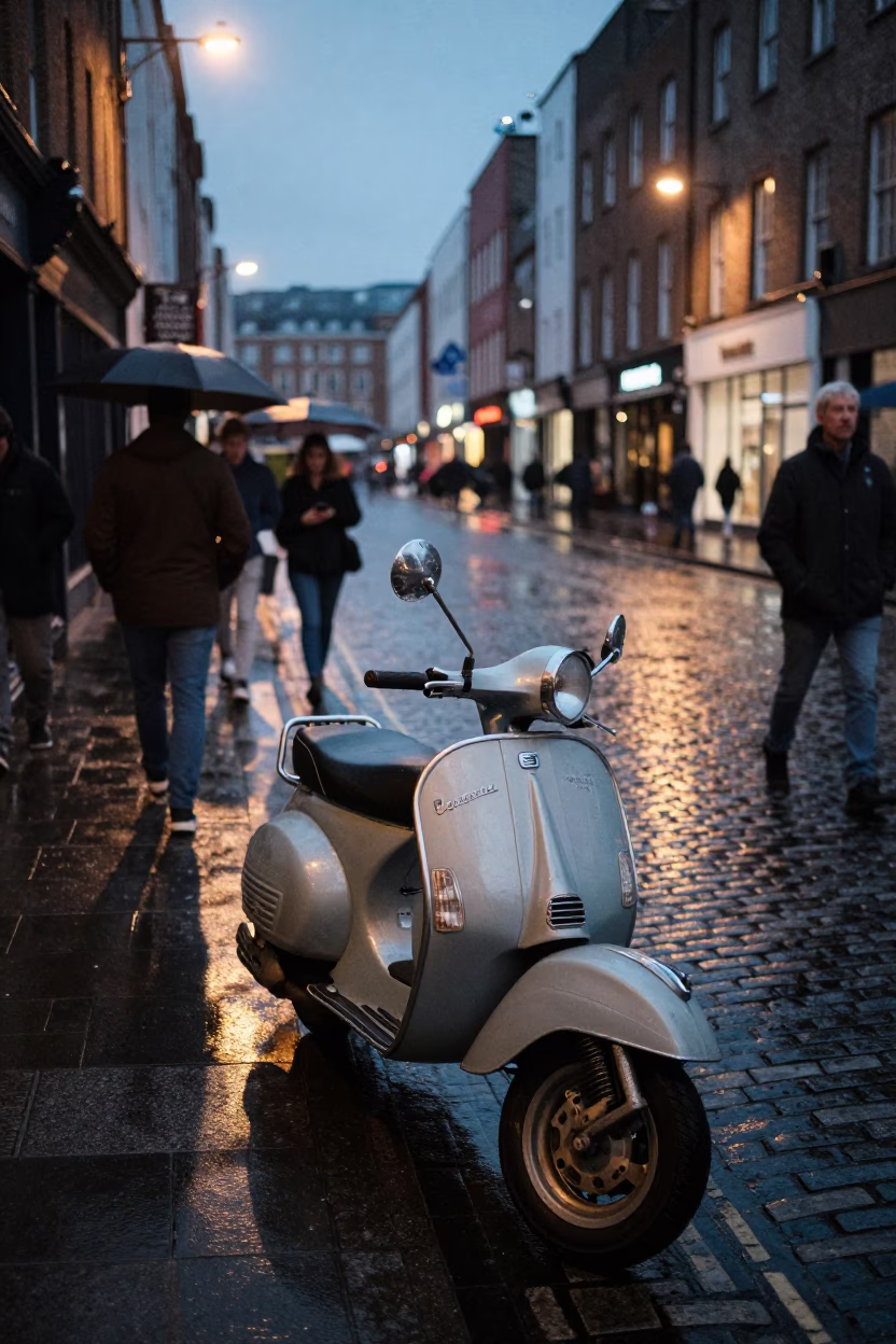 Twilight Street Scene in Dublin Ireland with Vintage Vespa on Cobblestone Lane in in Dublin, Ireland