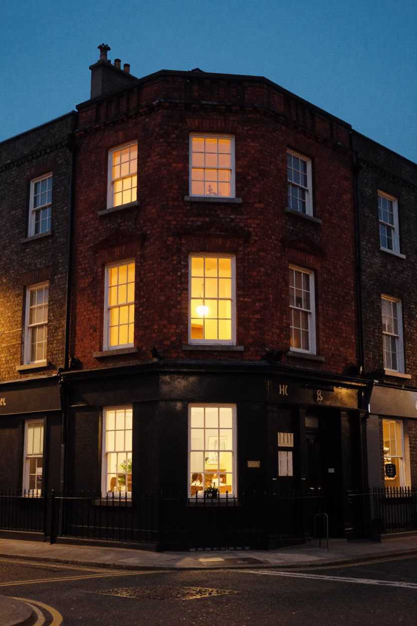Twilight Street Scene in Dublin Ireland with Warm Window Light and Urban Details in in Dublin, Ireland