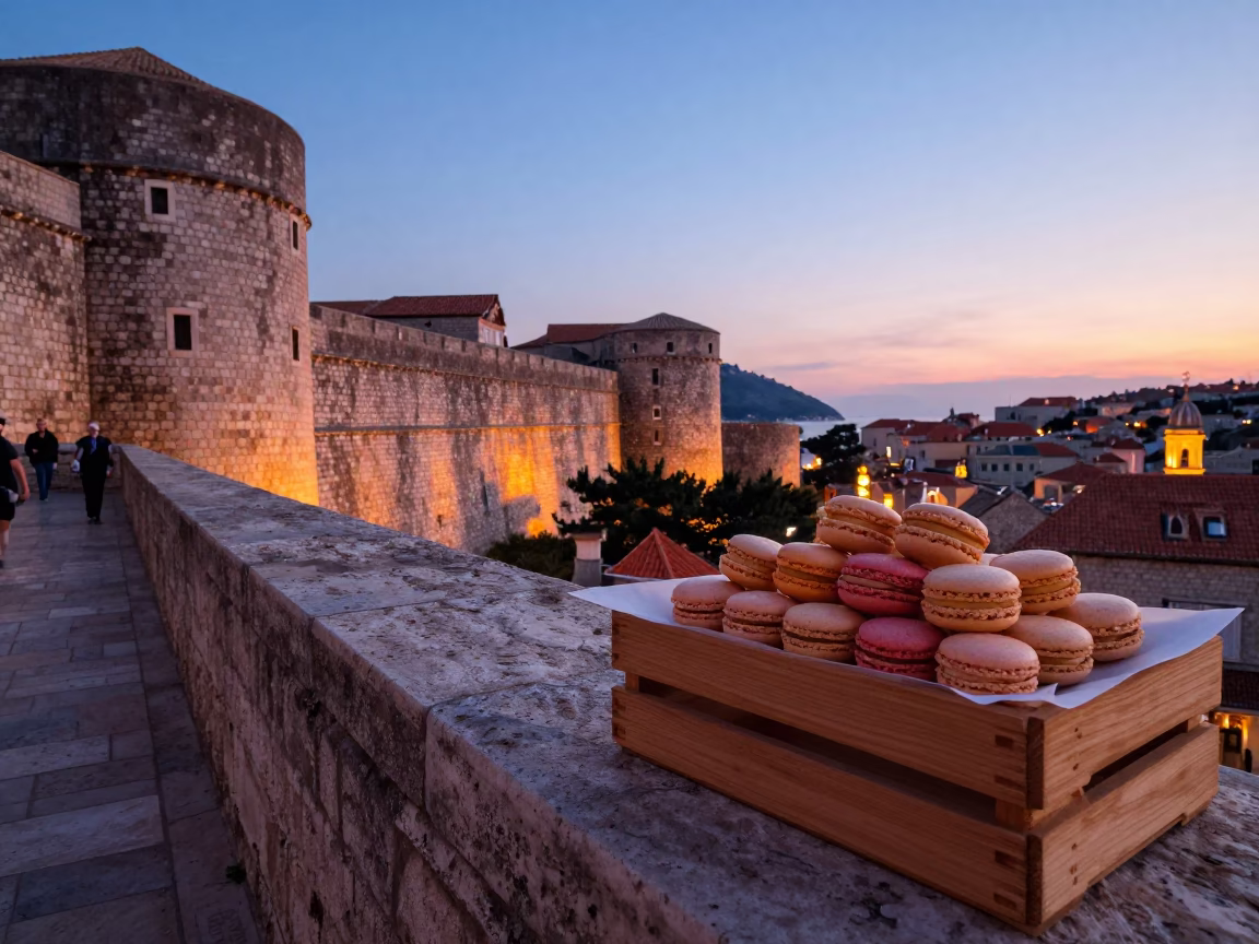 Twilight Street Scene in Dubrovnik Croatia with Baking Sheet and Macarons in in Dubrovnik, Croatia