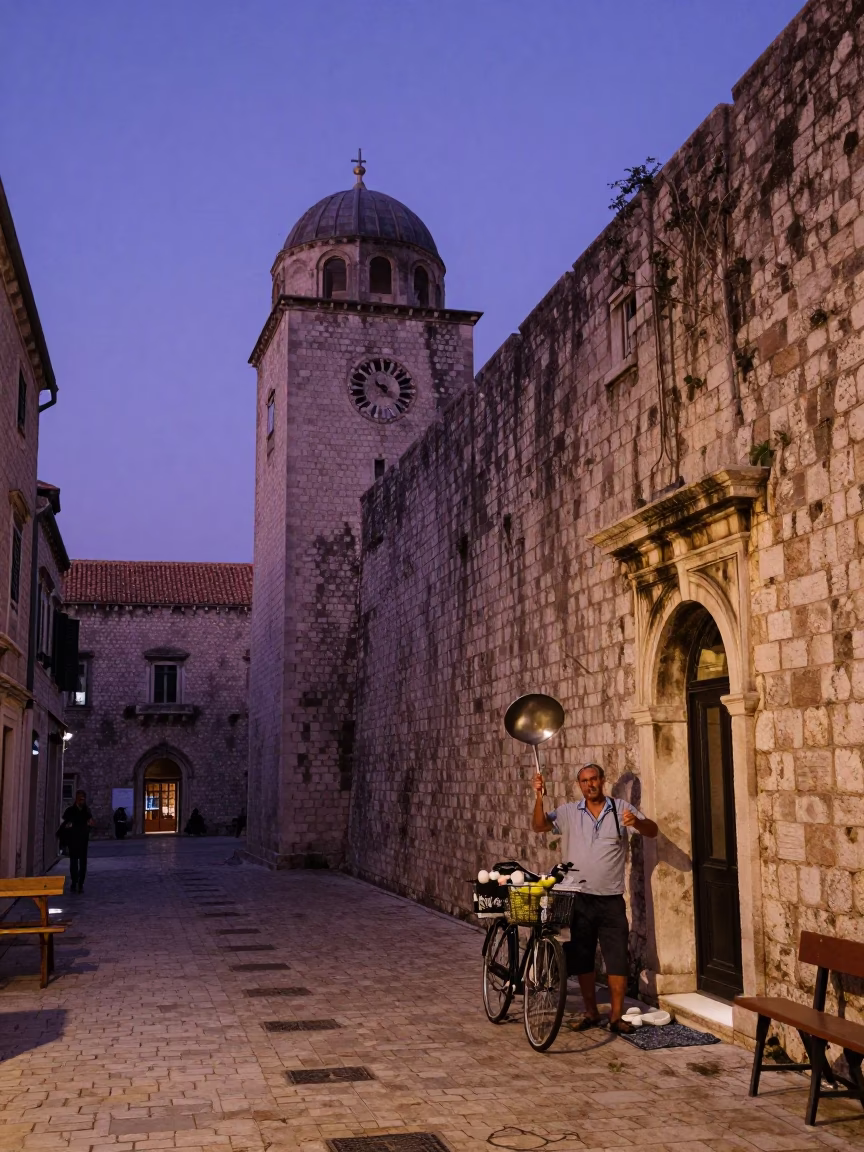Twilight Street Scene in Dubrovnik Croatia with Bicycle Basket and Ladle in in Dubrovnik, Croatia