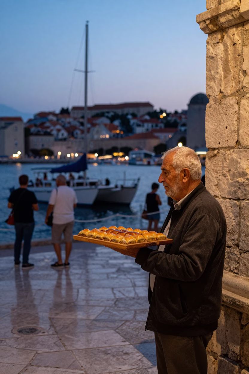 Twilight Street Scene in Dubrovnik Croatia with Catamaran and Local Life in in Dubrovnik, Croatia