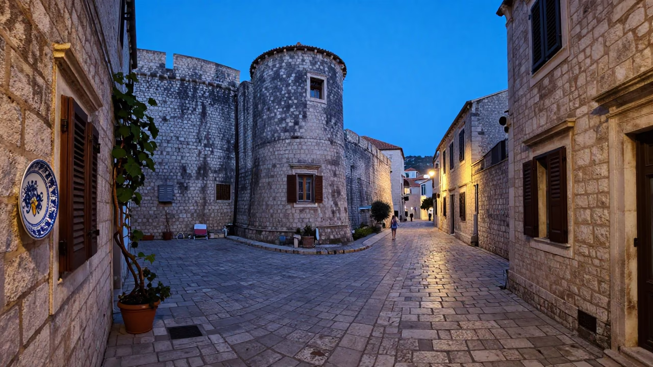Twilight Street Scene in Dubrovnik Croatia with Ceramic Plate and Vine in in Dubrovnik, Croatia