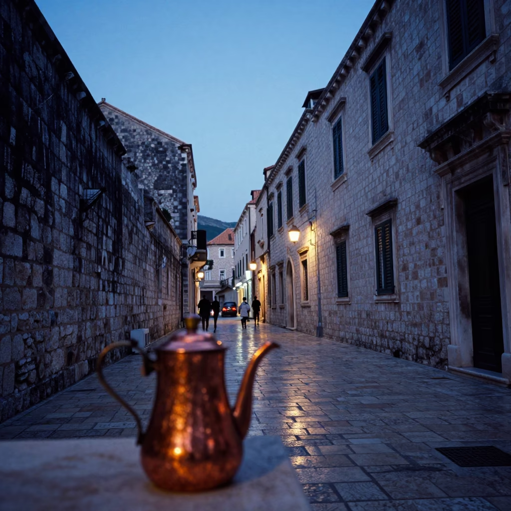 Twilight Street Scene in Dubrovnik Croatia with Copper Coffee Pot and Brass Plate in in Dubrovnik, Croatia