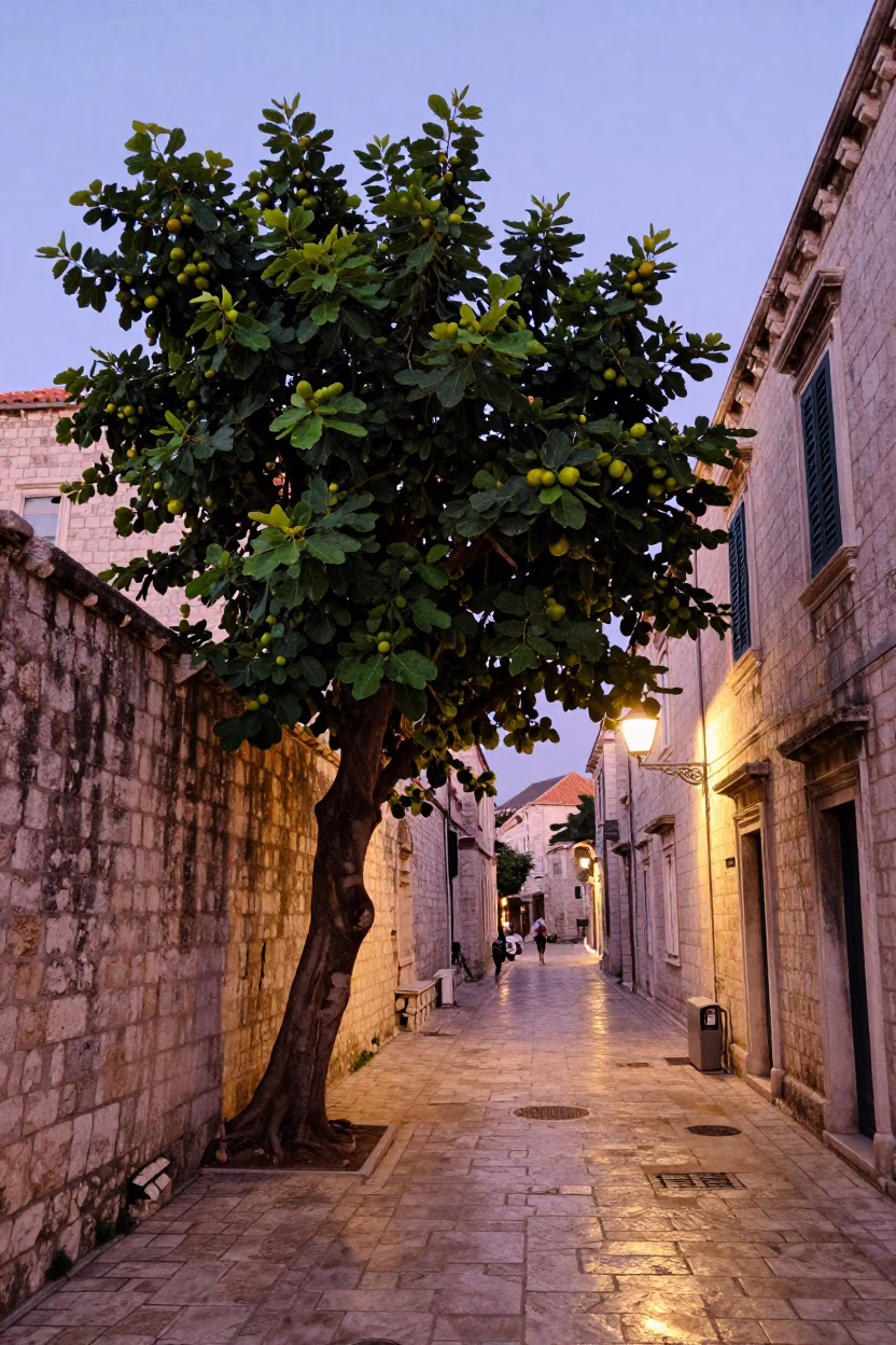 Twilight Street Scene in Dubrovnik Croatia with Fig Tree and Hurricane Lamp in in Dubrovnik, Croatia