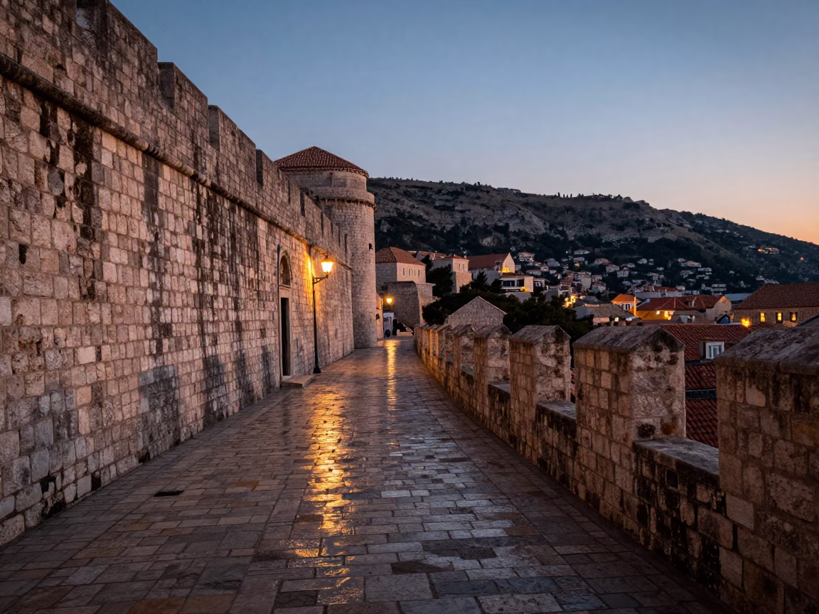 Twilight Street Scene in Dubrovnik Croatia with Grease Sheen on Old Rail in in Dubrovnik, Croatia