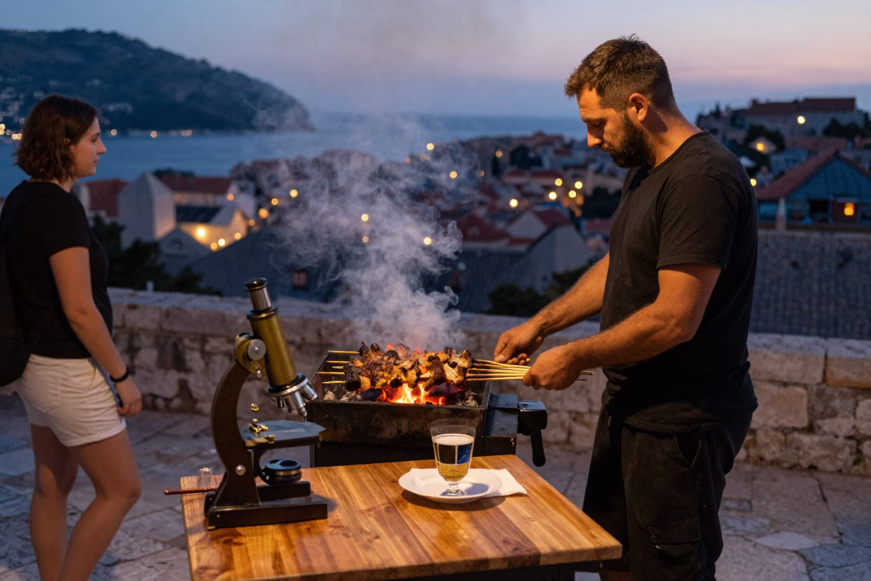 Twilight street scene in Dubrovnik Croatia with grilled kebab and antique microscope in in Dubrovnik, Croatia
