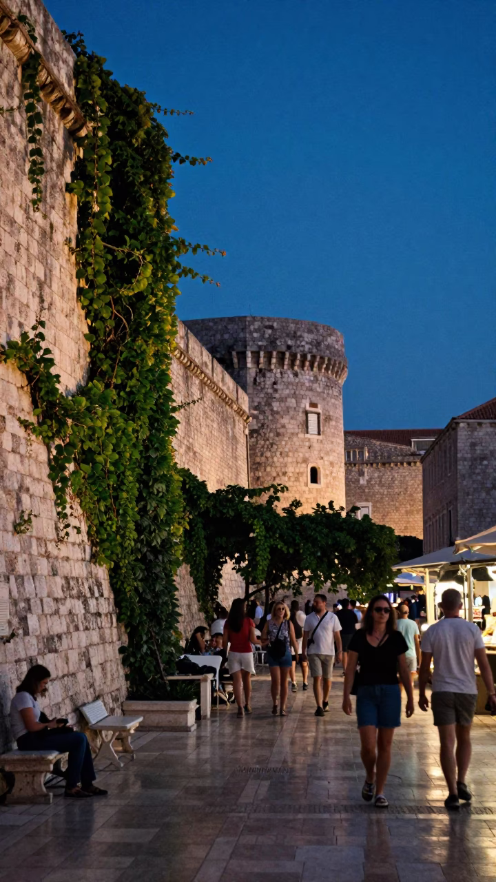 Twilight Street Scene in Dubrovnik Croatia with Ivy Vines on Ancient Stone Walls in in Dubrovnik, Croatia