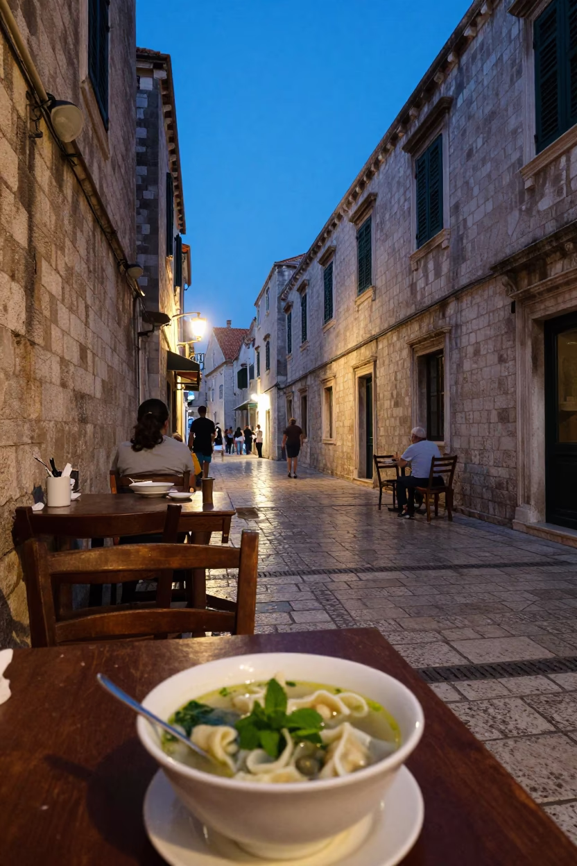 Twilight Street Scene in Dubrovnik Croatia with Local Diners and Mint Garnish in in Dubrovnik, Croatia