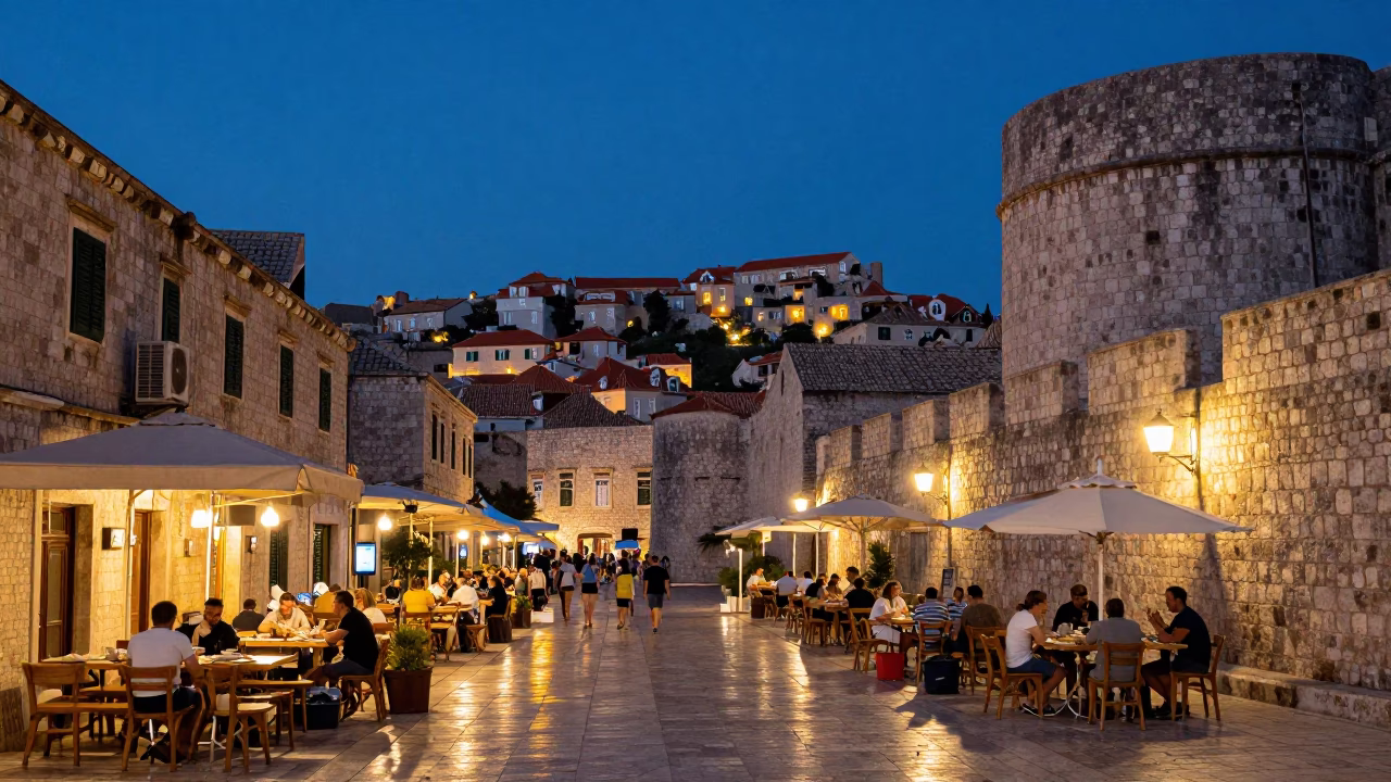 Twilight Street Scene in Dubrovnik Croatia with Local Dining and Historic Architecture in in Dubrovnik, Croatia