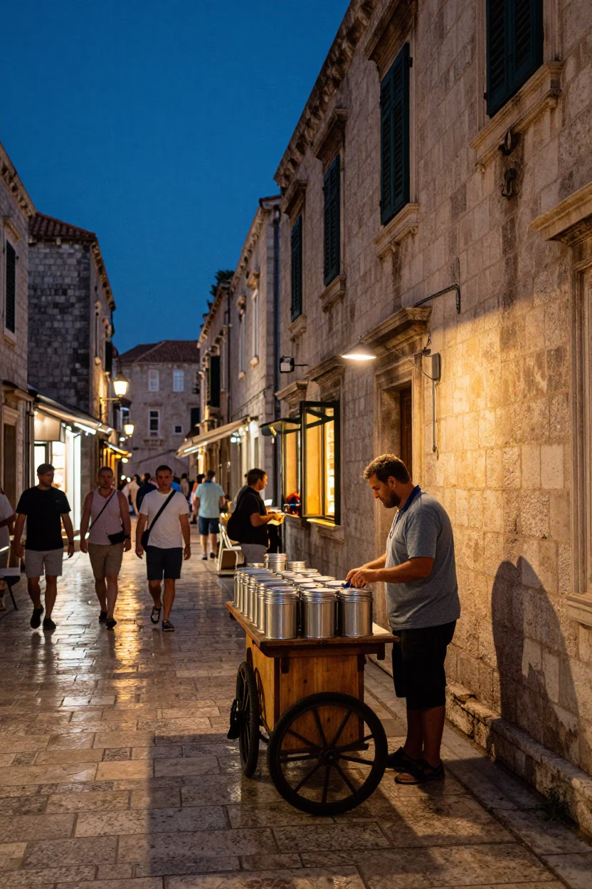 Twilight street scene in Dubrovnik Croatia with local vendor and evening light in in Dubrovnik, Croatia