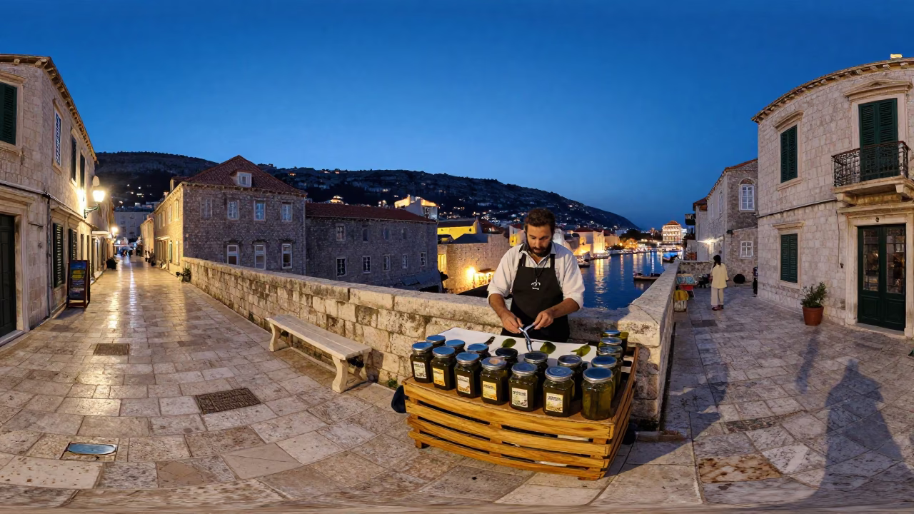 Twilight Street Scene in Dubrovnik Croatia with Local Vendor and Jar Opener in in Dubrovnik, Croatia