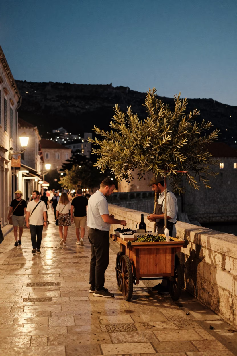 Twilight Street Scene in Dubrovnik Croatia with Olives and Local Interaction in in Dubrovnik, Croatia