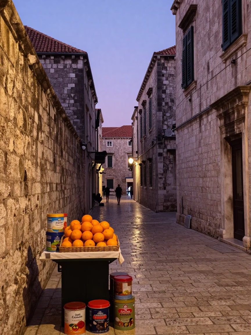 Twilight Street Scene in Dubrovnik Croatia with Oranges and Spice Tins in in Dubrovnik, Croatia
