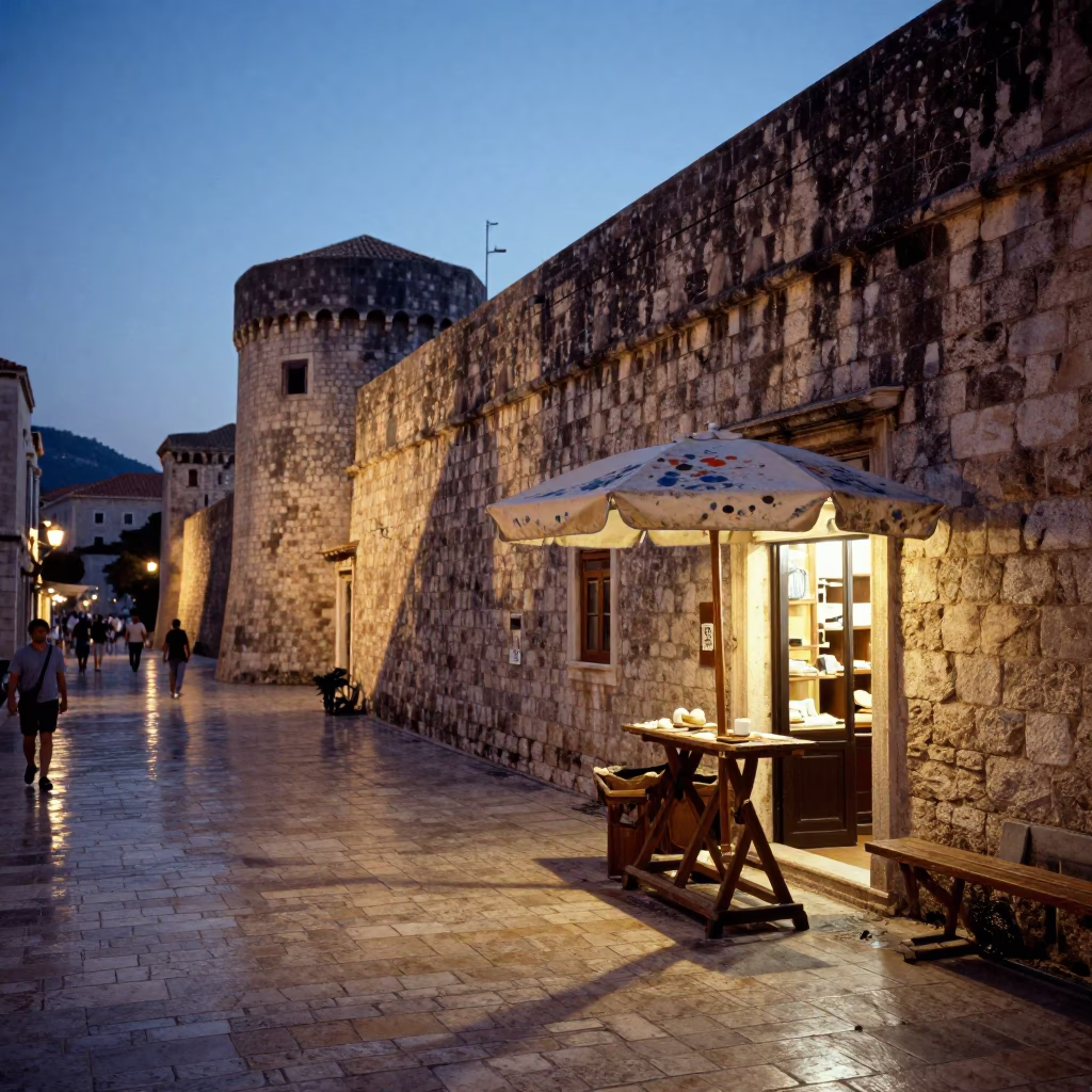 Twilight Street Scene in Dubrovnik Croatia with Paint Flecks and Umbrella Stand in in Dubrovnik, Croatia