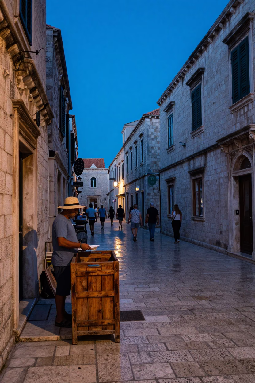 Twilight Street Scene in Dubrovnik Croatia with Straw Hat and Wooden Crate in in Dubrovnik, Croatia